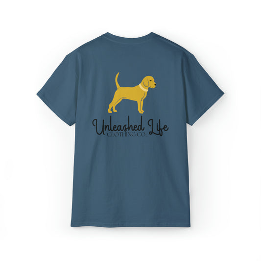 Unleashed Life Little Yellow Dog Cotton Tee with Script