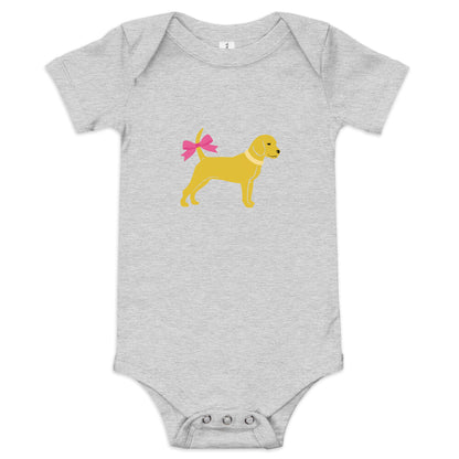 Little Yellow Dog with Bow Baby Short Sleeve Onesie