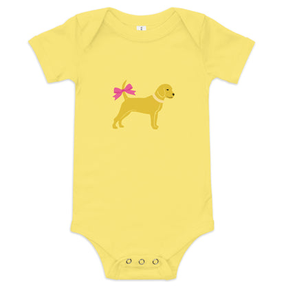 Little Yellow Dog with Bow Baby Short Sleeve Onesie